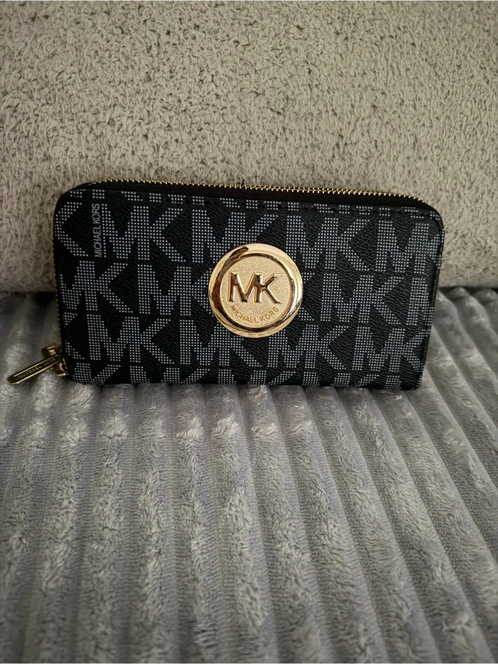 Michael Kors Black MK Logo Zip Wallet with Gold Medallion